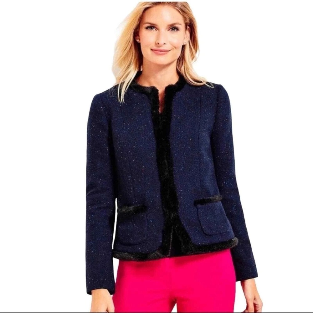 Talbots Faux Fur Trim Wool Blend Blazer Jacket Women 4 Navy Blue Speckled Tweed